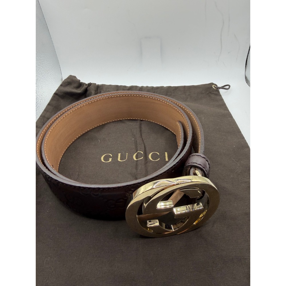 Gucci Interlocking G Belt Brown Guccissima Leather Gold Buckle 114876 85-34